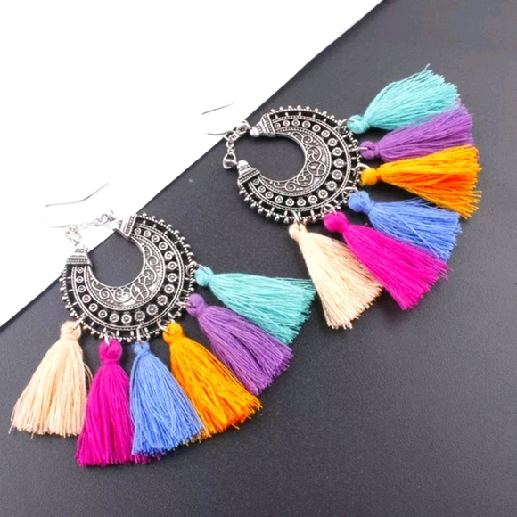Colorful Boho Tassle Hoop Earrings - Picture 1 of 3